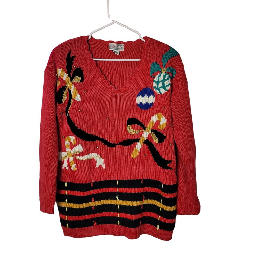 VTG Spice of Life Red Ugly Christmas Holiday Theme Scallop V-Neck Sweater Small